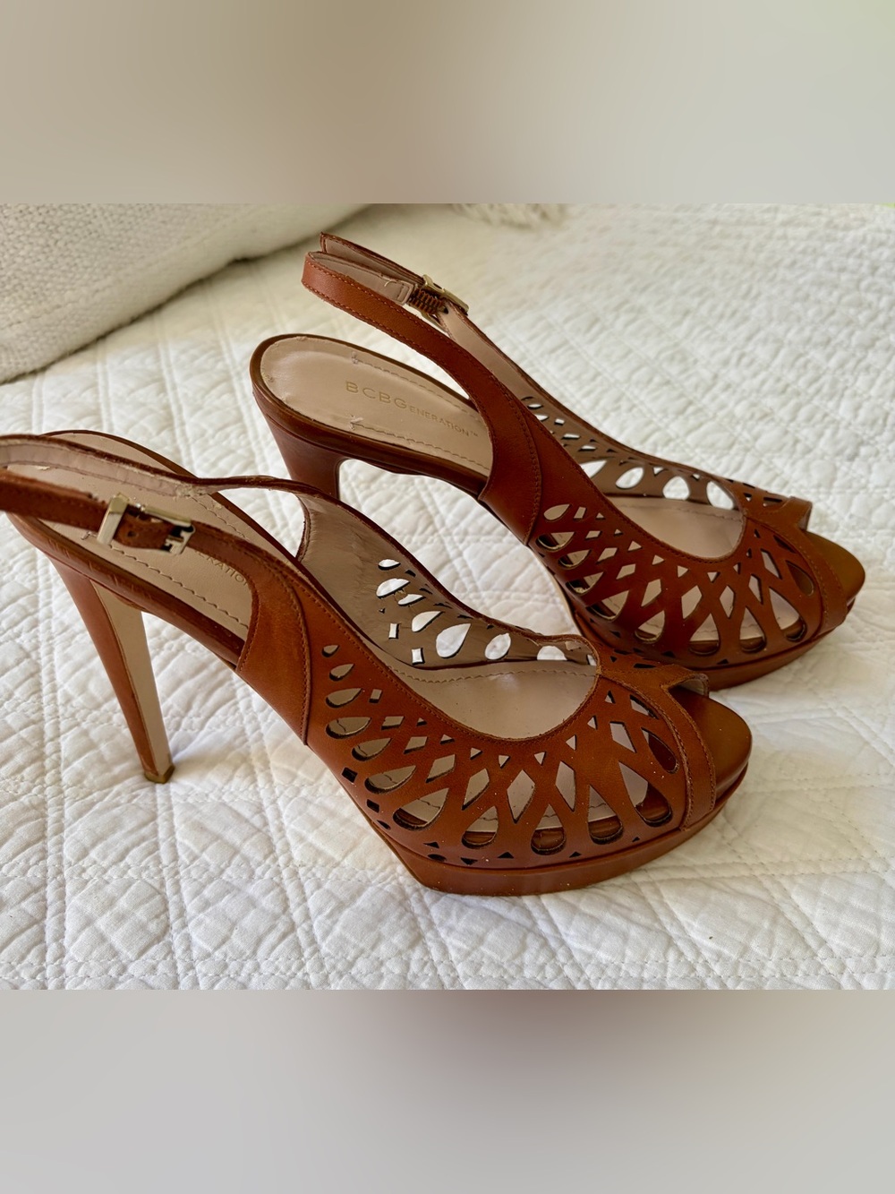 BCBGeneration Tan Brown Cutout Leather Slingback Platform Heels